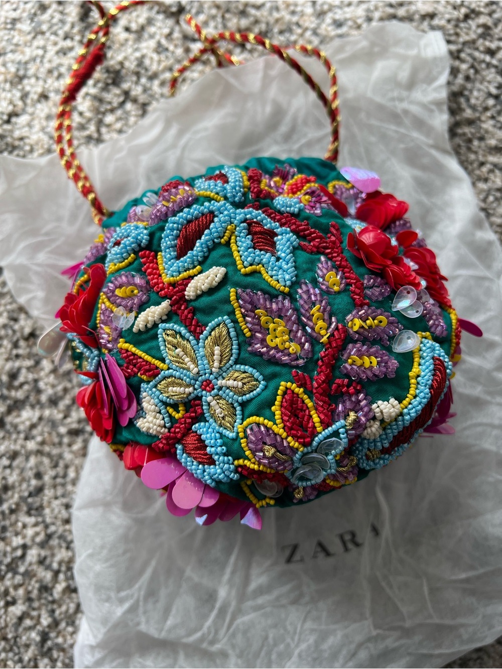 Zara Teal Floral Beaded Mini Crossbody with Pink and Red Accents
